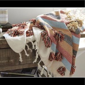 Jacinta Throw Orange and Teal Blanket with Pom Poms 100% cotton